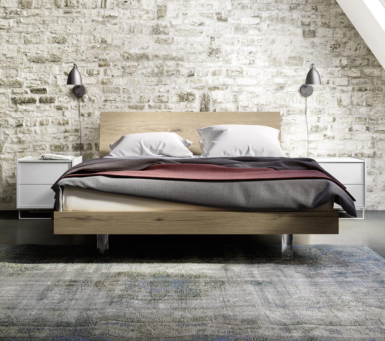 Modern double bed with longside-footboard indentation