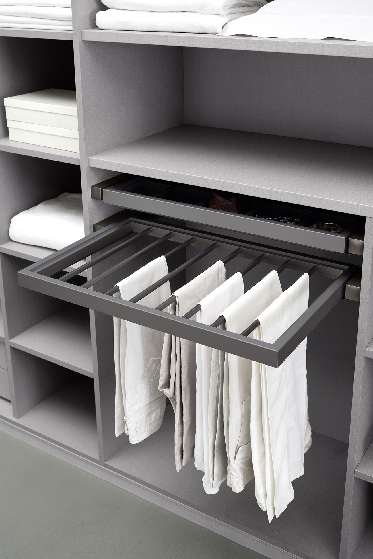 walk-in wardrobe with pull-out trousers hanger