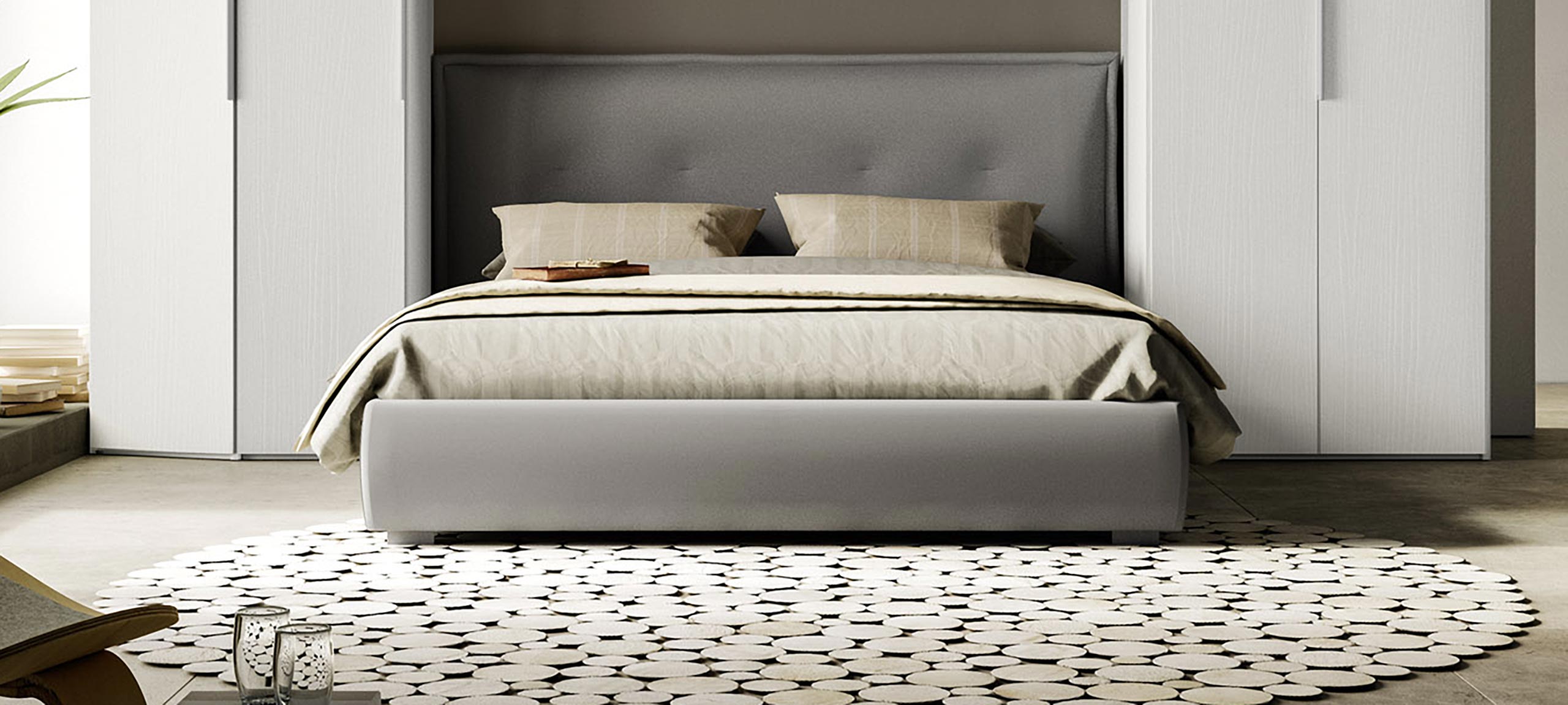 fabric-lined double bed with container 5