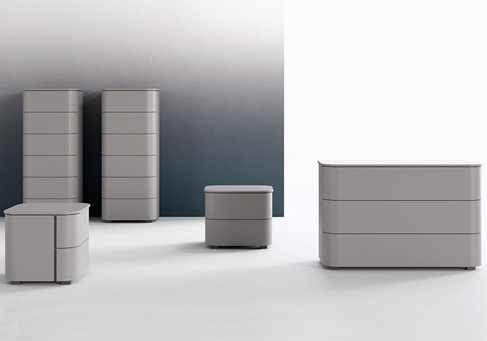 Minimalist-style continuum bedsides, drawer units and chests