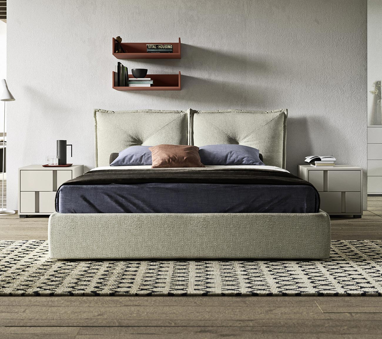 Modern double bed with 5 fabric options