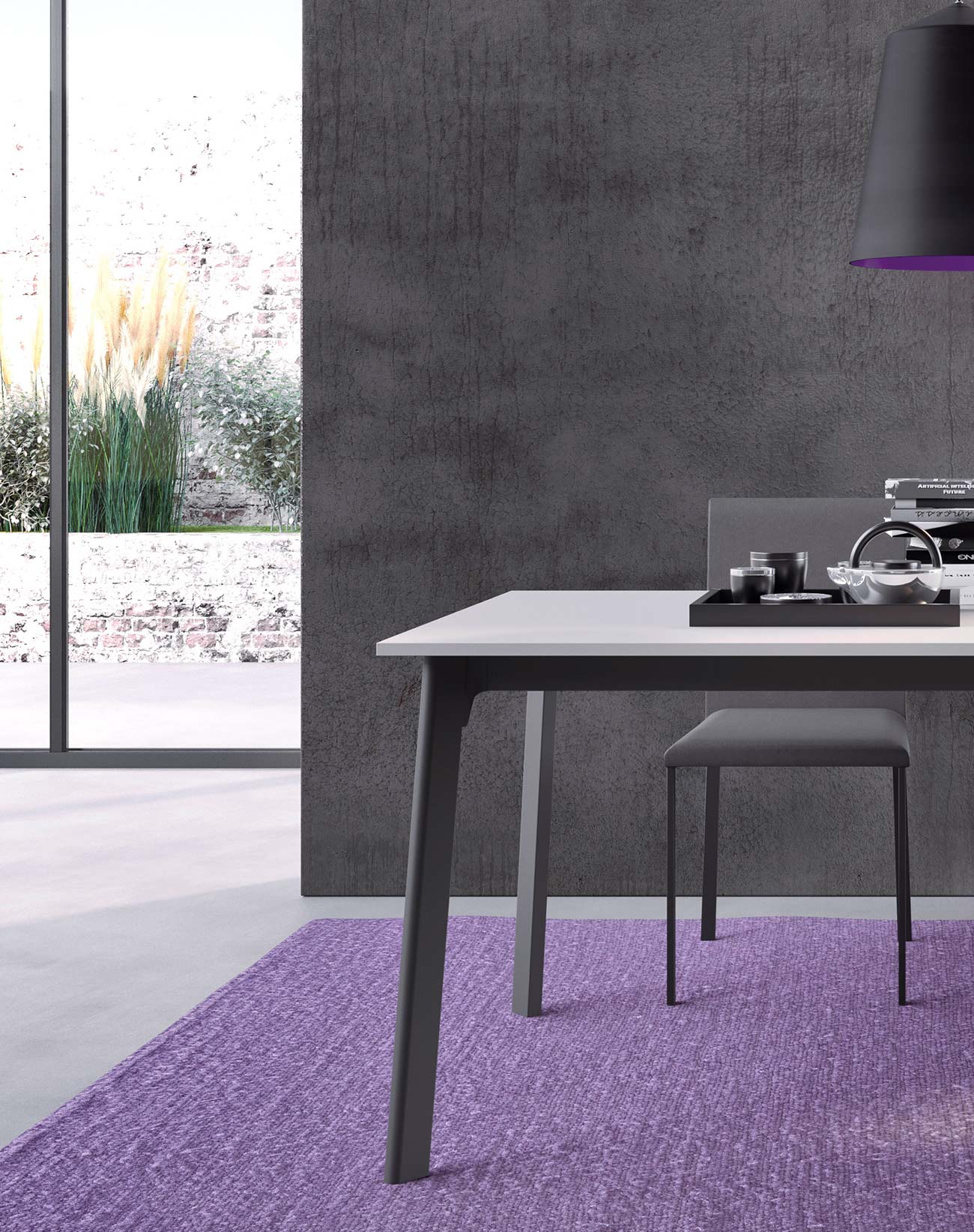 modern dining table with top in 4 matt colours and 4 different essences