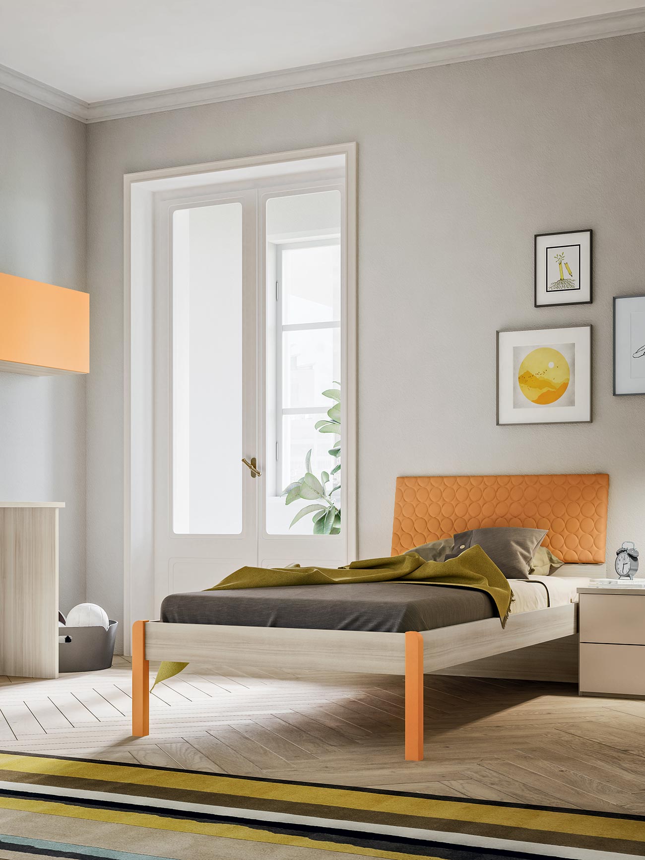 cameretta con testiera letto imbottita