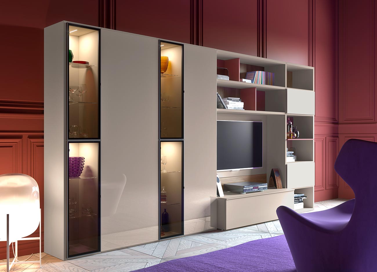 smoke-grey glass doors for your contemporary style modular bookcase