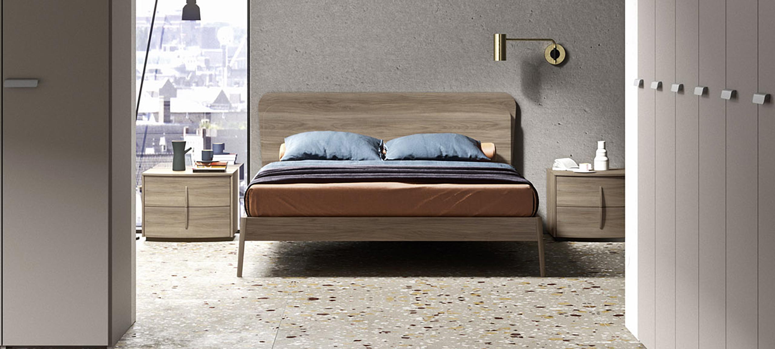 double bed with LED integrated in the wooden headboard 1