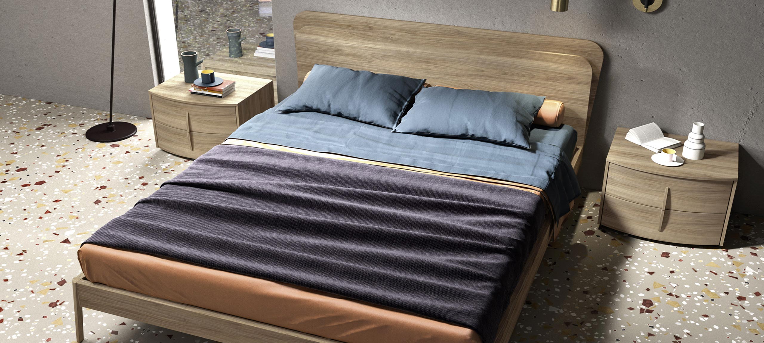 double bed with LED integrated in the wooden headboard 2