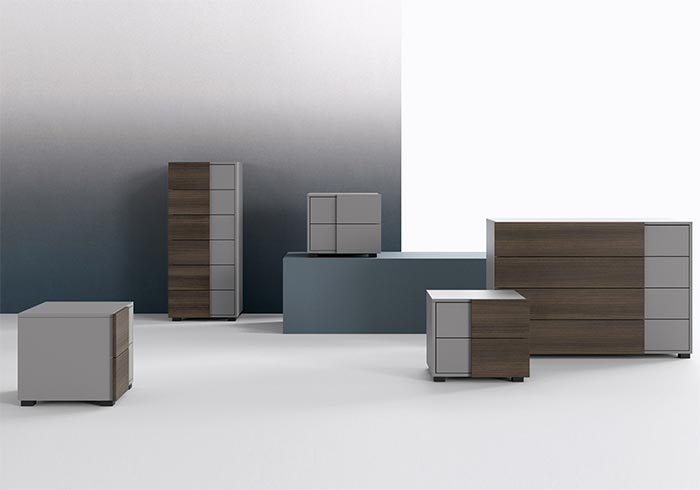 Contemporary style background bedsides, drawer units and chests