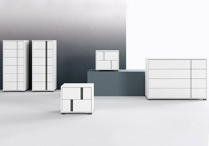 Contemporary style glide bedsides, drawer units and chests
