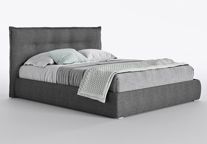 fabric-lined double bed with container